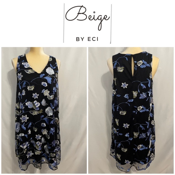 Beige by eci Dresses Beige By Eci Shift Dress With Embroidered Floral Sheer Overlay Size
